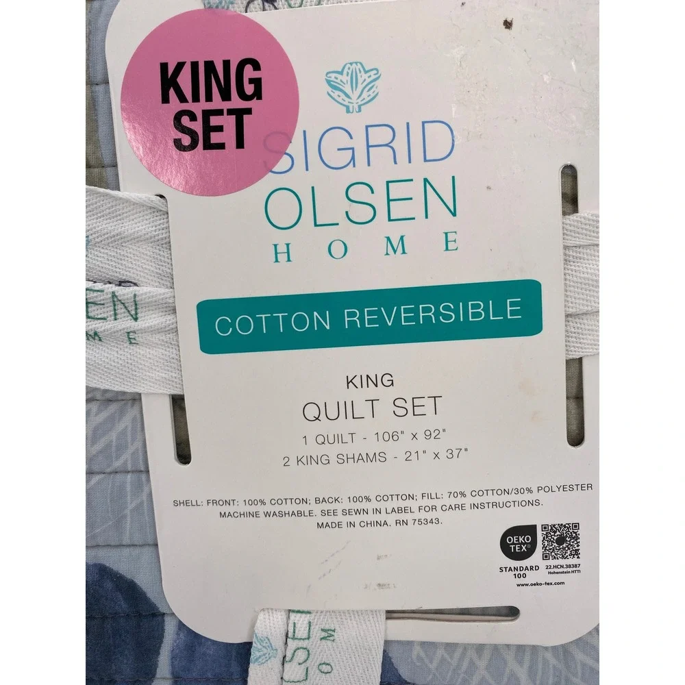Sigrid Olsen Home Quilt Set King Blue Tropical Leaf Reversible Cotton Botanical - Picture 8 of 11